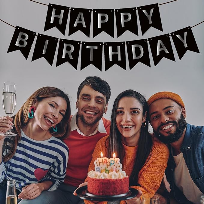 ZHENGYE Black Happy Birthday Banner - Birthday Party Theme for Kids & Girls - Party Decorations & Supplies