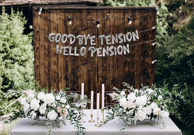 Pre-Strung Goodbye Tension Hello Pension Silver Glitter Banner - Funny Retirement Decorations for Men and Women - Retirement Party Supplies and Gifts