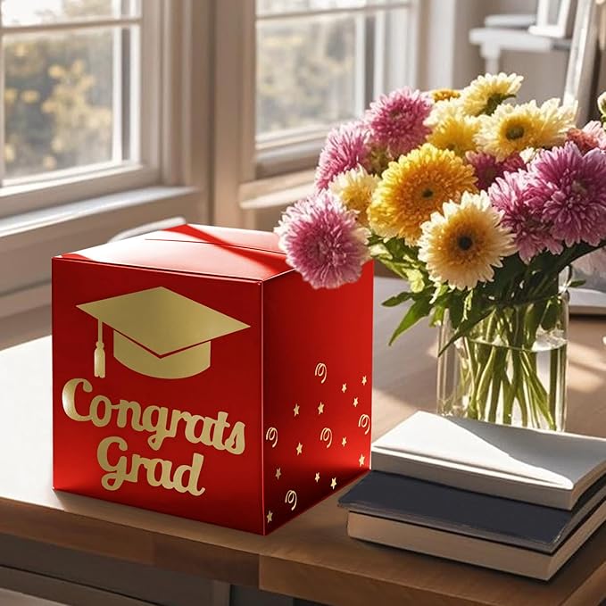 Graduation Card Box Holder, Congrats Grad Foldable Cardboard Decorations Box for Graduation Party Decoration and Grad Parties (Red)