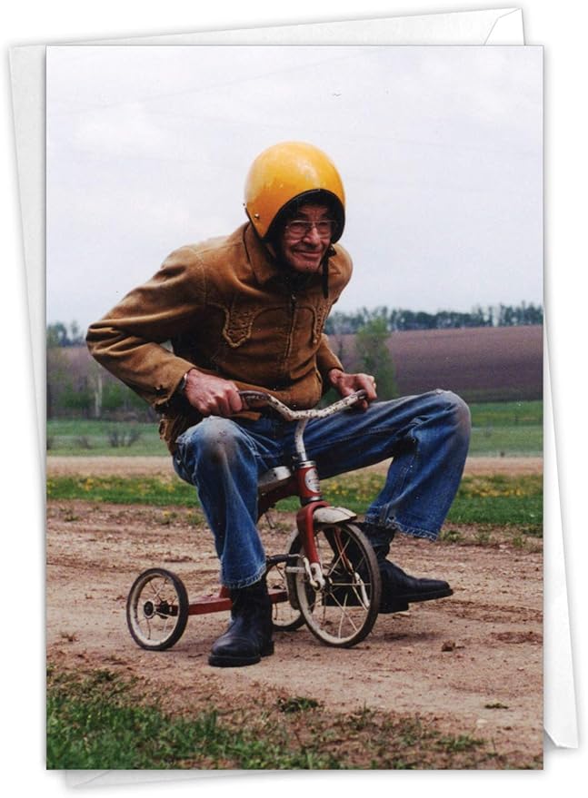 NobleWorks - 1 Happy Birthday Card with Envelope - Funny Photos, Birthday Humor Notecard - Senior Trike Ride C6435BDG