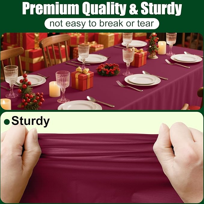 Smiry Disposable Table Cloth - 10 Pack, 54 x 108 Inch Waterproof Rectangle Tablecloths for Parties, Decorative Plastic Table Cover, Leakproof & Sturdy, Wine Red