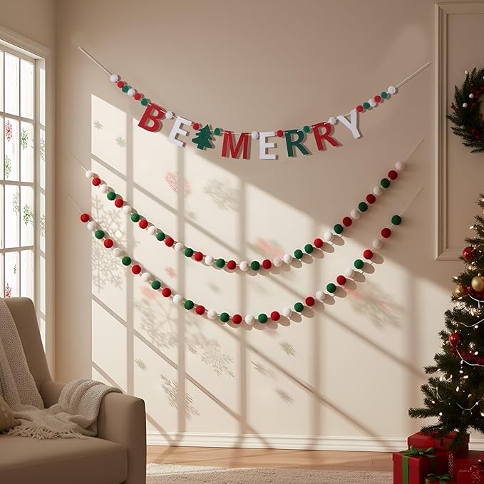 Breling 3 Pieces Christmas Felt Ball Garland 10ft Christmas Pompom Decorations Happy Holidays Banner Mantle Fireplace Room Xmas Party Hanging Decor (Red, Green, White)