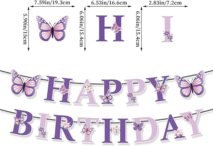 Butterfly Happy Birthday Banner, Pre-Strung Birthday Signs Banners, Birthday&Colorful Party Decorations for Girls, Boys, Women, Adults, Pets, Photo Backdrop & Wall Decor for All Celebrations