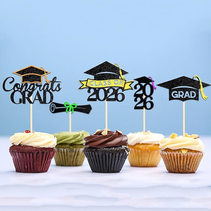 24 Pack 2026 Congrats Grad Cupcake Toppers Set, Graduation Cupcake Decor, Class of 2026 Cupcake Picks for Senior High School College Grad Party Decorations Supplies(Black with Green) A