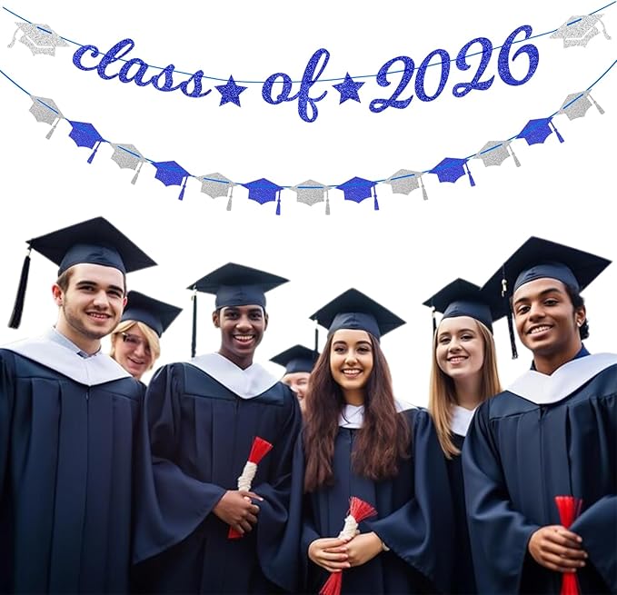 Navy-Blue White-Silver Party-Decoration Graduation Banner - 14pcs Kits Cap Garland Streamers, Royal Paper Tissue Pom Poms Flowers Fans Honeycomb,Class Of 2026 College High School Grad Decor Hugfond