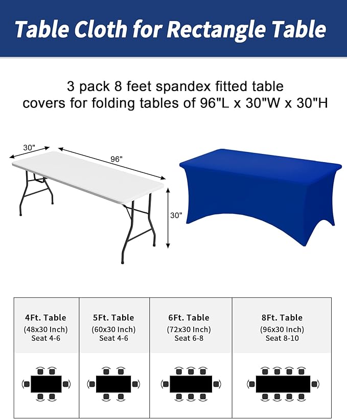Fixwal 3 Pack Royal Blue Table Cloths Rectangle 8FT, Tablecloths Rectangular Stretch Spandex Fitted Table Covers 8ft for Parties, Trade Shows, Banquet, Weddings, Buffet, Graduation