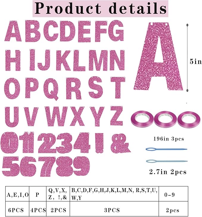 116 Pcs DIY Glitter Customizable Banner Kit Custom Banner Including 111 Letters and Numbers 3 Rope and 2 Threading Device for Personalized Decor for Women's Day Birthday (Pink)