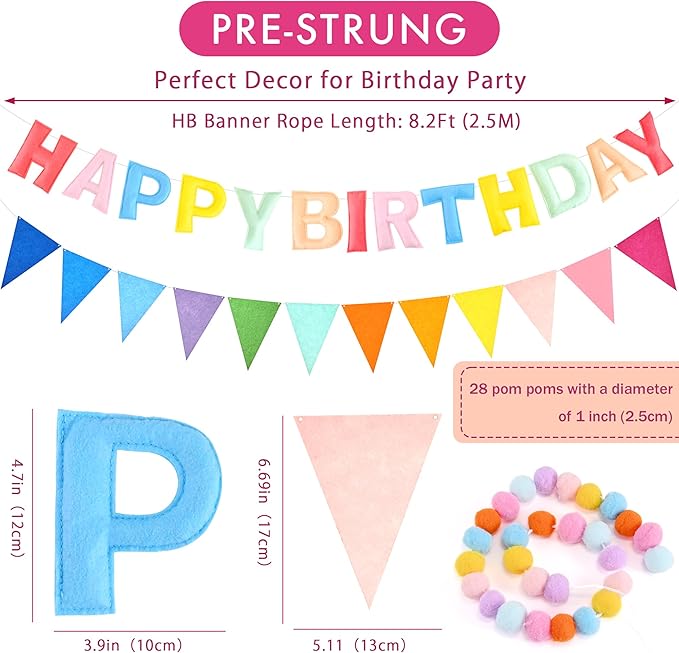 CANREVEL Pre-Strung 3D Happy Birthday Banner, 3 PCS Pastel Felt Garland, Pom Pom Garland, Triangle Fabric Bunting, Reusable Pastel Birthday Decorations for Women Girl