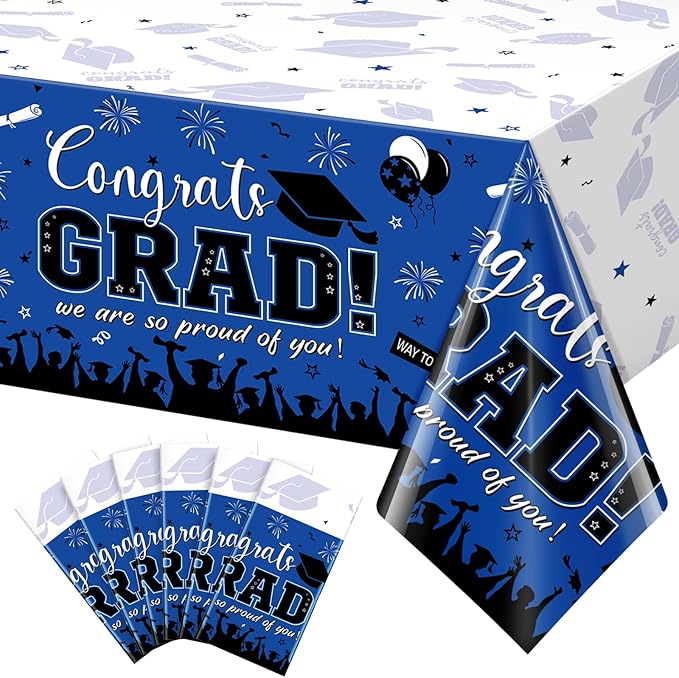 6 Pack Graduation Tablecloth Party Decorations, Class of 2026 Congrats Grad Plastic Tablecover Party Supplies, Blue Rectangle Graduation Table Decorations for College High School Party, 54 x 108 Inch