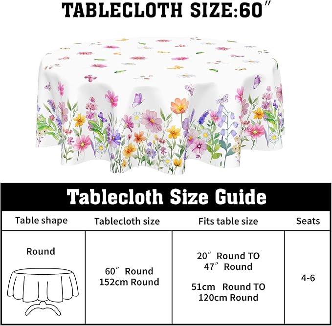 Spring Floral Tablecloth Round 60 Inch Yellow and Pink Wildflower Table Cloth Farmhouse Butterfly Table Cover Holiday Table Covers for Kitchen Dinner Party Home Decor