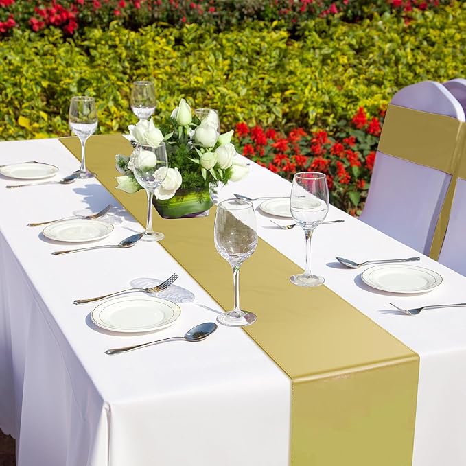12Pack 12x108 Inch Satin Table Runner and 54x108Inch Plastic Tablecloths Set White and Gold Disposable Rectangle Table Cover for Graduation Wedding Bridal Shower Anniversary Birthday Party Decorations
