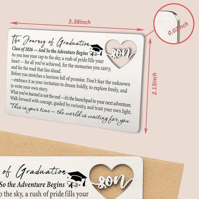 Class of 2026 Graduation Wallet Card for Son from Mom, Laser-Engraved Stainless Steel Insert with Heart Cutout, Inspirational Postcard Keepsake, Graduation Gift for Him College High School QBK12