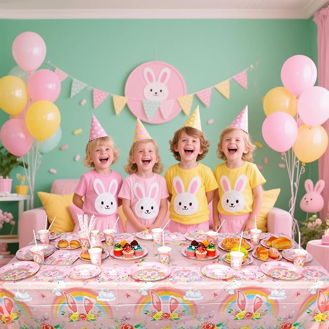 KEFAN Bunny Birthday Party Decorations, Rabbit Theme Party Tableware Supplies including Plates, Cups, Napkins, Tablecloth (20)
