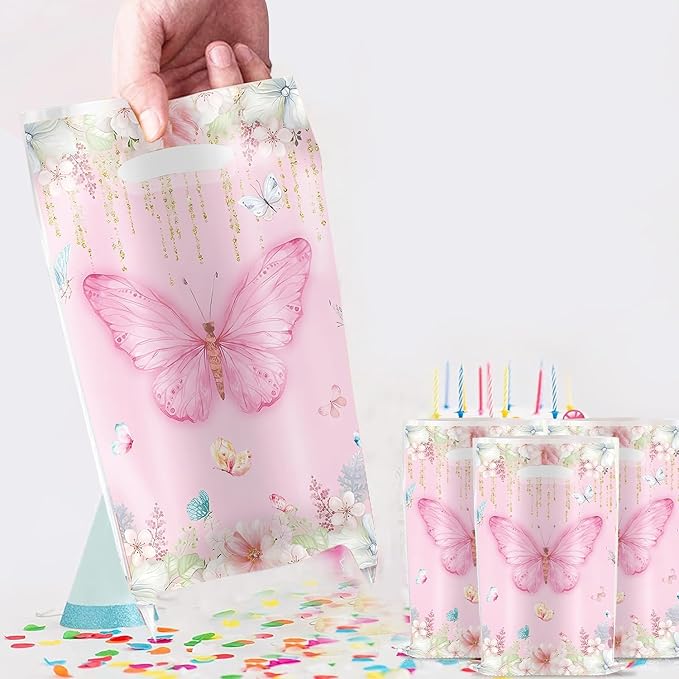 YYaaloa 30pcs Pink Goodie Bags Party Favor Plastic Candy Gift Bags Bulk for Birthday Baby shower Return Gift (Butterfly B 30pcs)