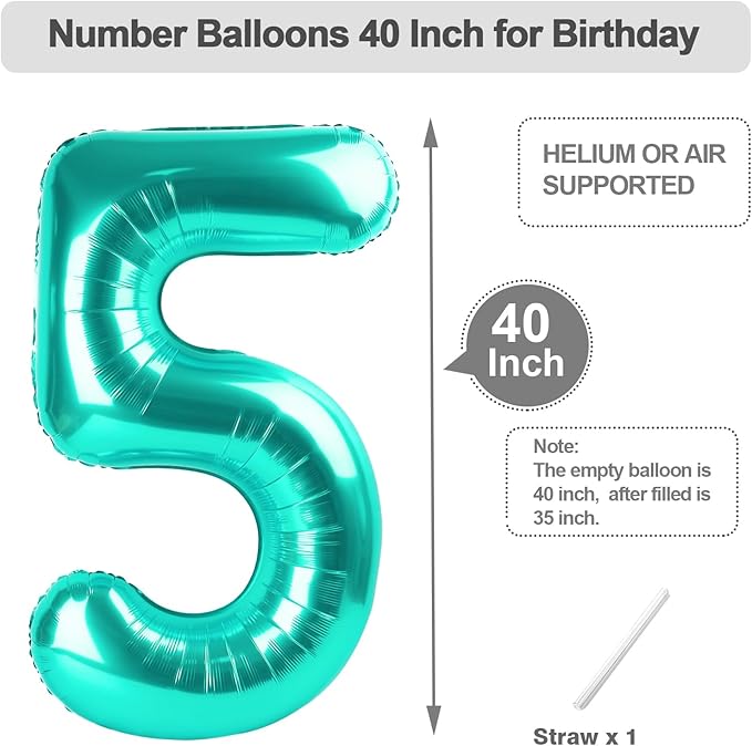 Numbers 5 Balloon 40 Inch, 5Year Anniversary Decorations, Blue-Green Numbers Balloon for 5, 15, 25, 50 Birthday Party Decoration, Anniversary, Wedding, Single Supplies