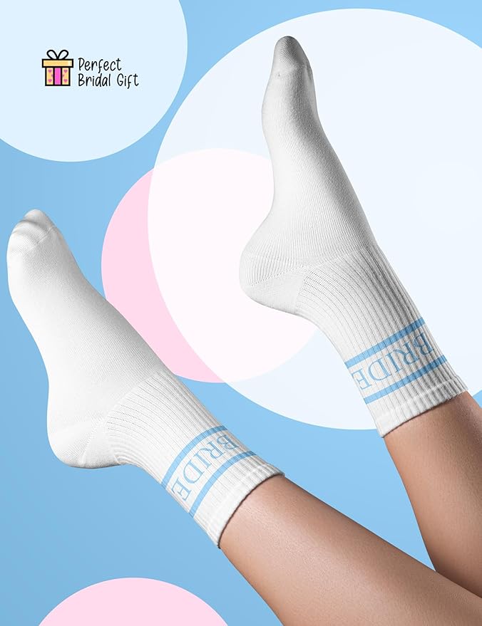Bride Socks for Wedding Day "Something Blue" | Cute Novelty Crew Socks for Bride to Be | Bachelorette Party Gifts, Bridal Shower, Engagement Gift | White Cotton Casual Socks with Blue "BRIDE" Writing