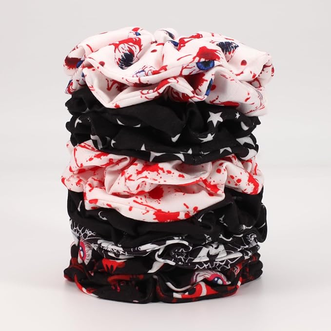 12PCS Halloween Blood Hair Scrunchies Spooky Horror Eyeball Skull Skeleton Moon Star Ghost Hair Ties for Women Girls Ladies Party Gifts
