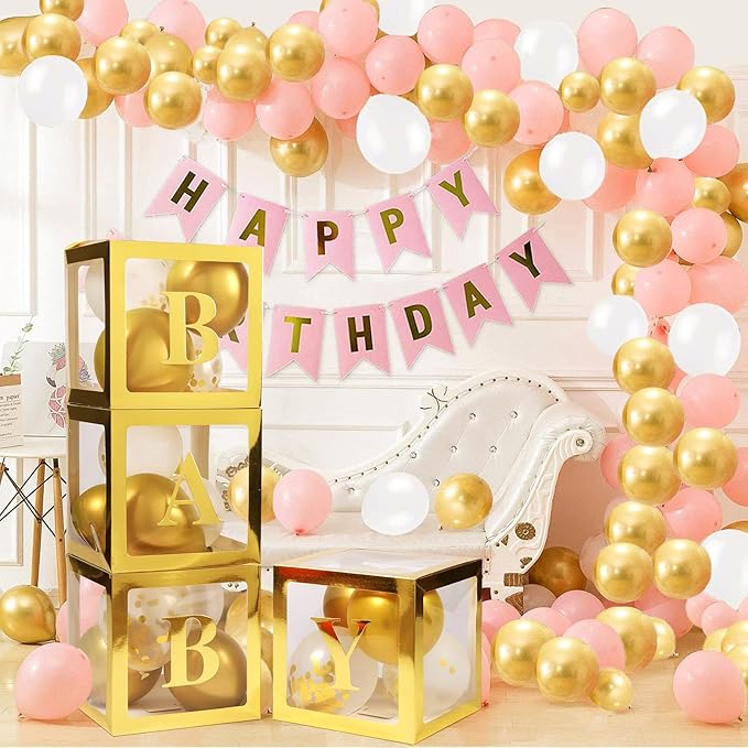 Baby Boxes with Letters for Baby Shower, 4 Transparent Balloon Boxes with Letters for Gender Reveal Birthday Wedding Baby Shower Decorations (Gold)
