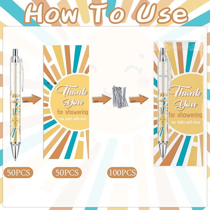 50 Sets Baby Shower Favors Gifts for Guests Includes 50 Rolling Paper Ballpoint Pens and 50 Greeting Thank You Bookmarks Baby Shower Party Favors (Here Comes The Son)