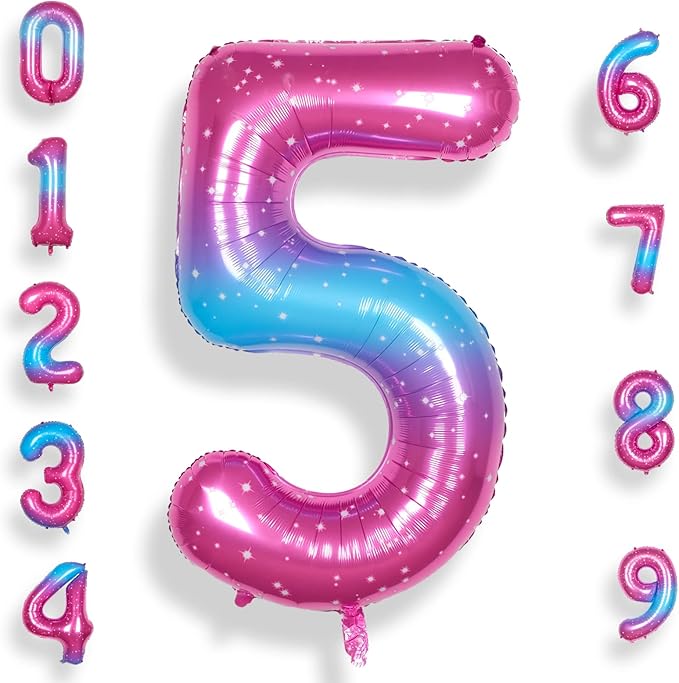 5 Balloon Number 40 Inch for Boy or Girl Big Starry 0-9 Foil Mylar Large Number 5 Balloon Happy 5th Birthday Party Anniversary Decorations Supplies