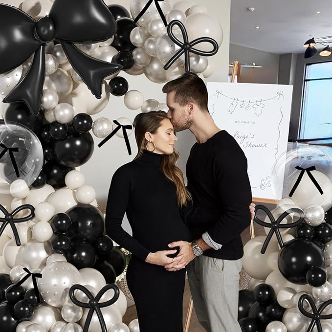 Black Bow Birthday Decorations,187Pcs Black and White Balloon Arch Kit with Clear Bow Foil Double Stuffed Pearl Balloons Ribbon Bow Pearl Stickers for Bow Coquette Birthday Bachelor Bridal Baby Shower