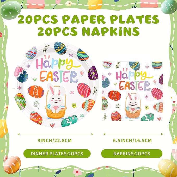 Easter Plates and Napkins Set for 20 Guests - 40 Pcs Disposable Easter Dinnerware, 9 Inch Colorful Egg & Bunny Paper Plates 20pcs and Napkins 20pcs for Dinner, Spring Party Decorations