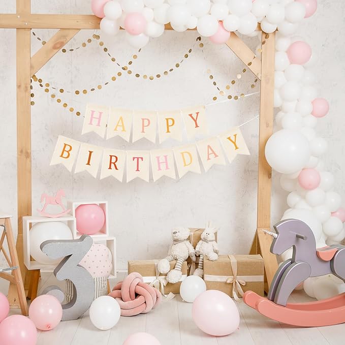 Doumeny Happy Birthday Burlap Banner Boho Birthday Bunting Garland Pink Bohemian Sign Flag White Birthday Hanging Banner Pastel Rainbow Party Decor for Home Mantel Fireplace Nursery Party Backdrop