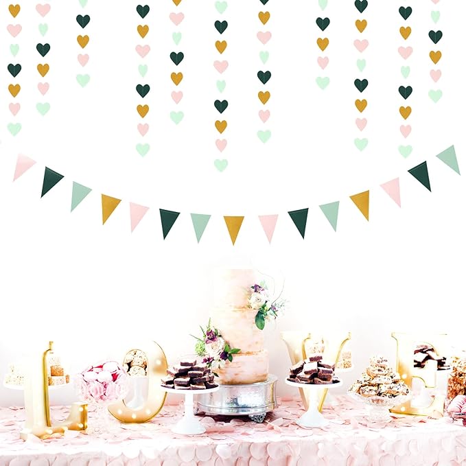 Sage-Green Mint Pink-Gold Love-Heart Garland - 52Ft Rustic Wedding Hanging Decoration Streamers Banner,Valentines Mothers Day Bachelorette Bridal Shower Engagement Party Bunting Lasting Surprise