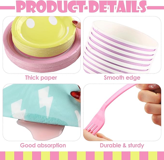 Kochorie 144 Pieces Preppy Party Supplies, Preppy Smile Tableware Sets Including Disposable Paper Plates Napkins Cups Forks Serves 24 for Smile Face Baby Shower Birthday Party Decorations