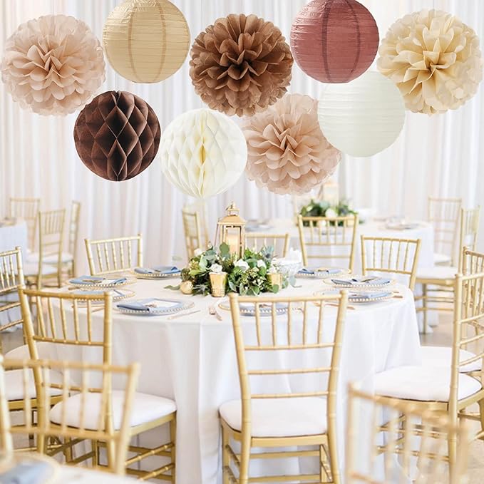 Boho Brown Champagne Beige Paper Flowers Tissue Pom Poms Honeycomb Lanterns 15pcs Party Decorations Fall Thanksgiving Rustic Wedding Baby Shower Neutral Birthday Autumn Hanging Supplies Decor