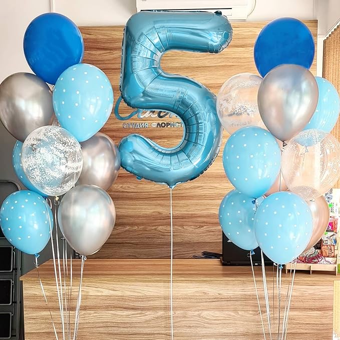 40 Inch Light Blue Number Balloon 5, Large Baby Blue Number 5 Balloons for Birthday Party Decorations, Blue Foil Mylar Birthday Balloons