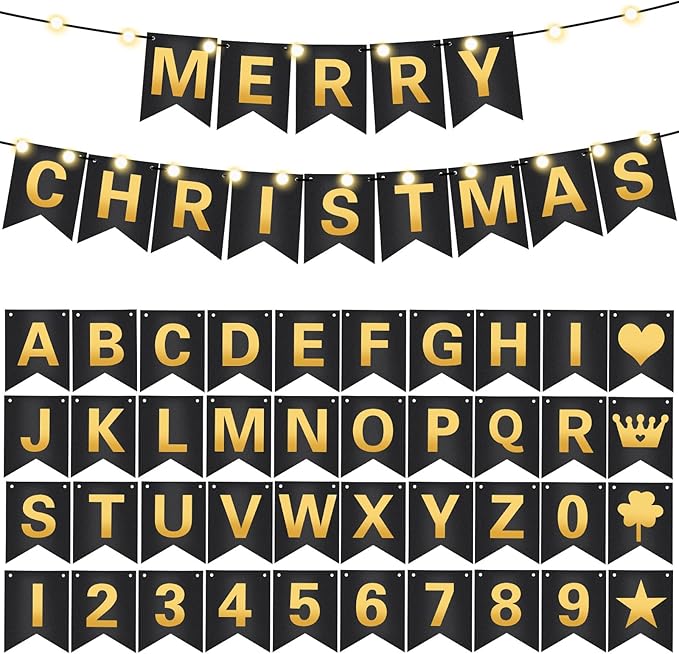 TaoBary 135 Pcs DIY Banner Custom Letters Kit Make Your Own Banner for Birthday Graduation Party Decor Include 107 Letters and Numbers, 16 Symbols, 2 String Lights, 5 Needles, 5 Rope (Black)
