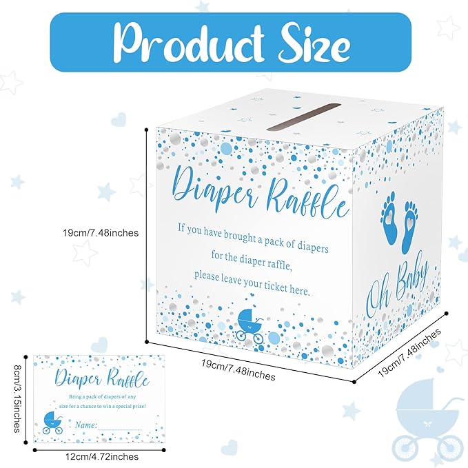 Funrous 51 Diaper Raffle Tickets with Box for Baby Shower Game Invitations Diaper Raffle Card for Gender Reveal Baby Shower Party Decoration Table Centerpiece(Blue Silver)