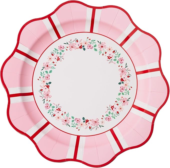 Bonjour Fête Pink & Red Floral Paper Party Dinner Plates | Large Disposable Dinner Plates for Valentine’s Day, Spring Parties & Tea Gatherings | Premium Party Supplies & Decorations | Pack of 8, 11"