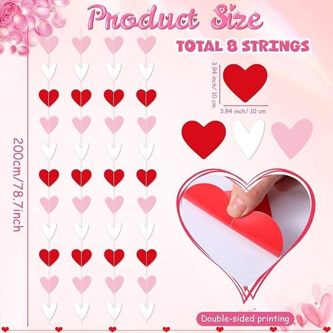 Capoda 8 Pcs Valentine's Day Party Decorations Red Pink Solid Heart Garlands Romantic Hearts Hanging Banners for Sweet Day Birthday Wedding Anniversary Love Themed Party Supplies
