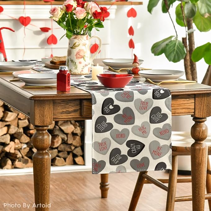 Artoid Mode Black Ture Love Heart Valentine's Table Runner, Seasonal Kitchen Dining Table Decoration for Home Party Decor 13x72 Inch
