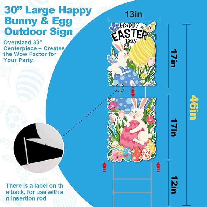 15PCS Happy Easter Yard Signs Set, 34” Large Happy Bunny & Egg Outdoor Easter Decorations on H-Shaped Metal Stand, Outdoor Lawn & Garden, Easter Party, Pathway, Patio, Spring Holiday