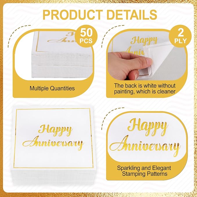 Vuzvuv 50 Pack Gold Foil Happy Anniversary Decorations Cocktail Napkins - Wedding Dating Anniversaries Party Dinner Hand Napkin for Party Supplies Decorations Table Decor (5" Folded 2 Ply)