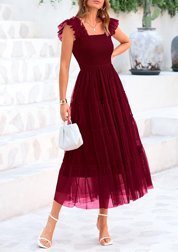 PRETTYGARDEN Women's Summer Tulle Midi Dress Sleeveless Smocked Ruffle Flowy Mesh Dresses Party Wedding Guest Sundress