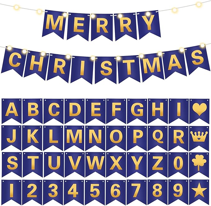 TaoBary 135 Pcs DIY Banner Custom Letters Kit Make Your Own Banner for Birthday Graduation Party Decor Include 107 Letters and Numbers, 16 Symbols, 2 String Lights, 5 Needles, 5 Rope (Navy Blue)