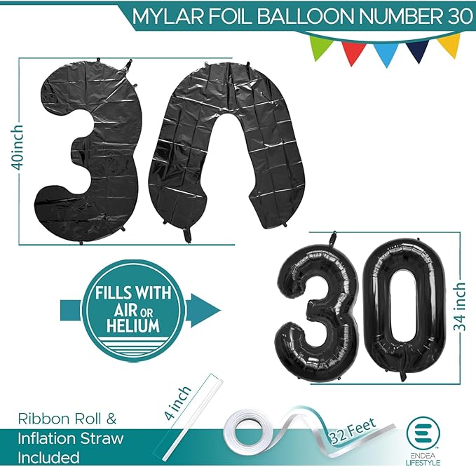40 Inch Large Black Number Celebration and Decoration Balloon for Birthday Parties, Graduations, Anniversaries, Weddings, Photo Shoots, Special Events - Helium Foil Mylar (Black Number 30)