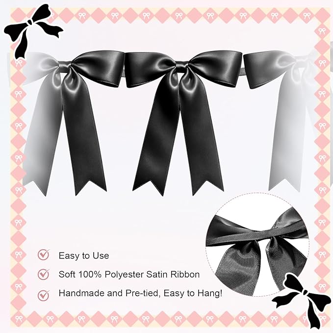 2 Strings of 16PCS Black Bow Garlands Banner Decoration,Pre-Strung Satin Ribbon Ornaments for Birthday,Bachelorette Party,Bridal Shower,Wedding,Engagement,Baby Shower, Graduation Decor,Anniversary