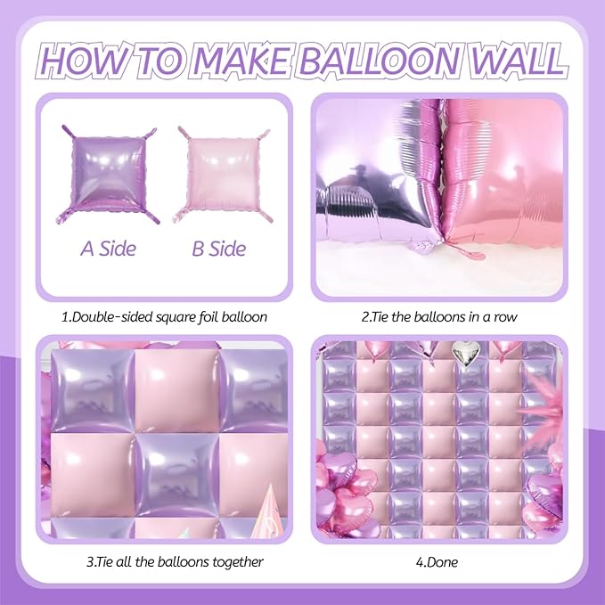50PCS Pink and Purple Square Foil Balloon Wal Backdrop with Reusable DIY Mylar Double Side Balloons Garland Tunnel Arch Kit for Anniversary Bachelorette Game Engagement Halloween Party Decor
