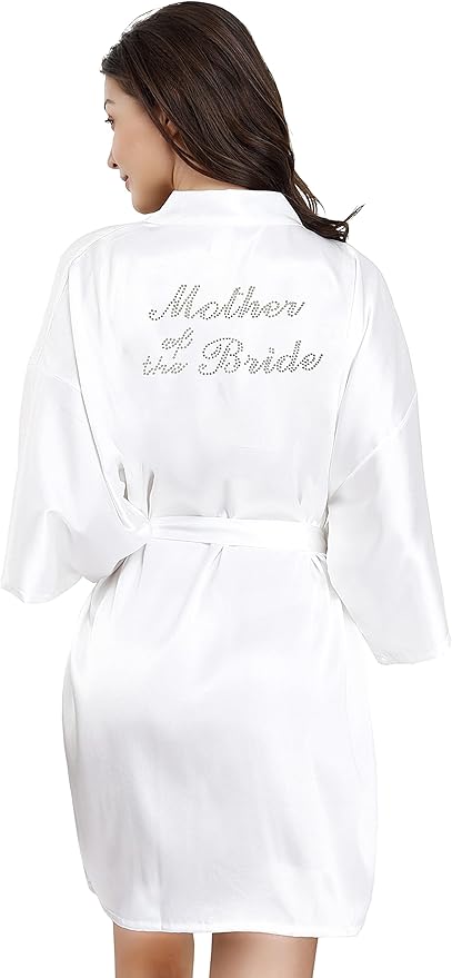 EPLAZA Women's One Size Silver Rhinestones Bride Bridesmaid Short Satin Robes for Wedding Party Getting Ready