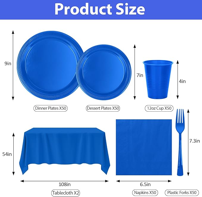 Blue Plastic Plates for Party,50 Guest - 7&9inch Plate,Napkins,Forks,Cups & Tablecloths,Disposable Party Supplies for Birthday,Graduation,Picnic,Father's Day Partys