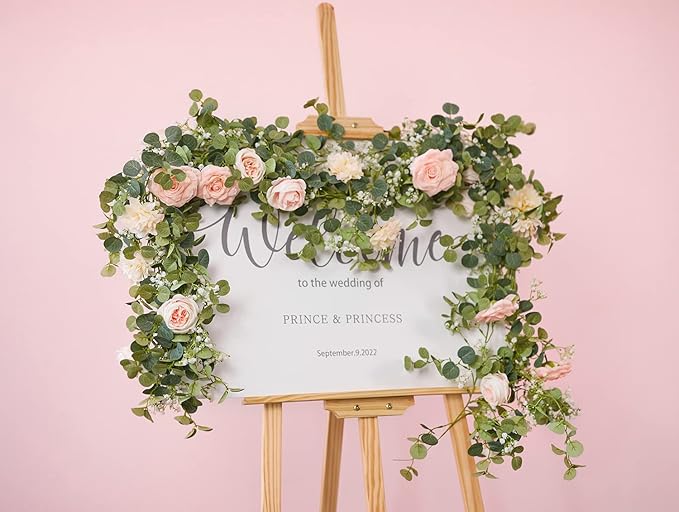 Anna's Whimsy 5.91FT Artificial Eucalyptus Garland with Flowers, Fake Rose Gypsophila Garland, Faux Floral Greenery Garlands for Wedding Spring Party Art Table Runner Decor (Pink, 1)