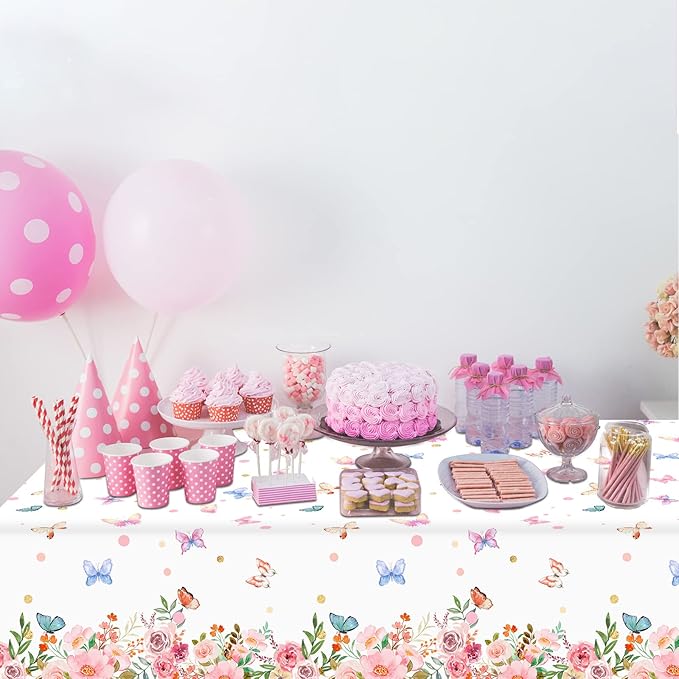 3 PCS Butterfly Birthday Tablecloths for Floral Butterfly Party Decorations Spring Summer Flower Plastic Disposable Rectangle Table Cover for Girls Baby Shower Weddings Tea Party Supplies Favors