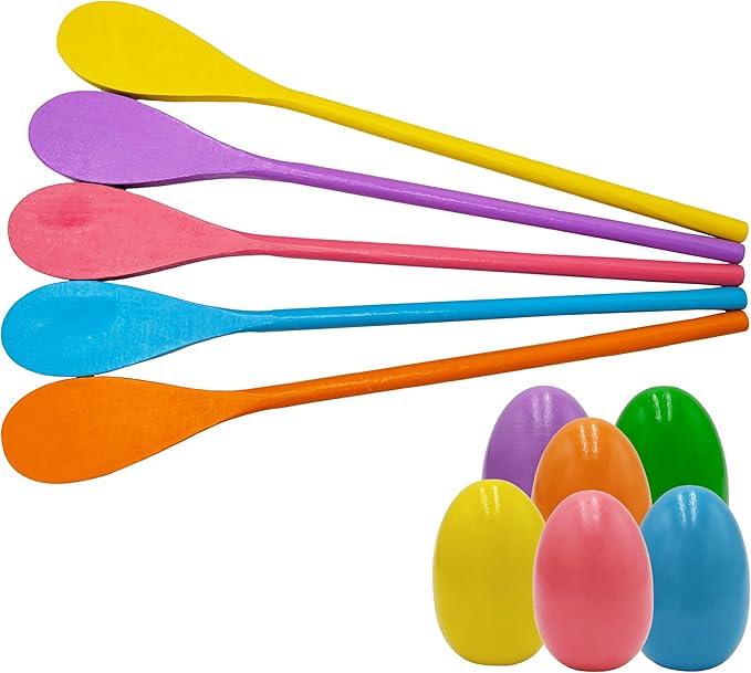 6 Wooden Easter Eggs and 6 Wooden Spoon Race Game Set, 6 Sets, Multi-Player Carnival Game for Kids & Family Activity Holiday Outdoor Yard Easter Egg Hunt Birthday Party Lawn Games