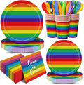 168Pcs Pride Paper Plate and Napkins Rainbow Party Supplies Disposable Tableware Set for Colorful Stripes Party Decorations Serve 24 Guests