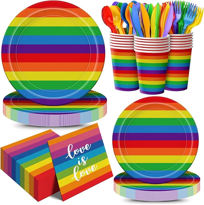 168Pcs Pride Paper Plate and Napkins Rainbow Party Supplies Disposable Tableware Set for Colorful Stripes Party Decorations Serve 24 Guests